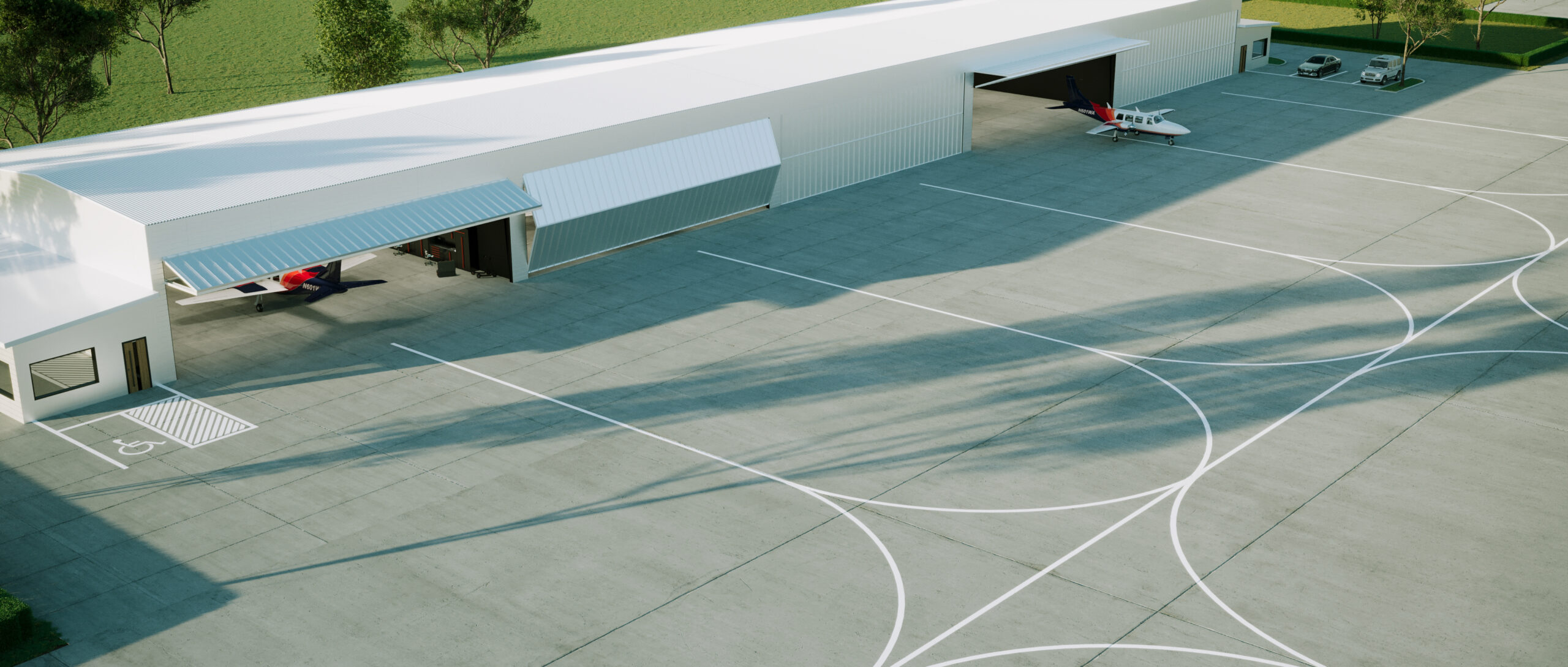 Architectural rendering of KBOX5 private hangars, aircraft and spacious aprons